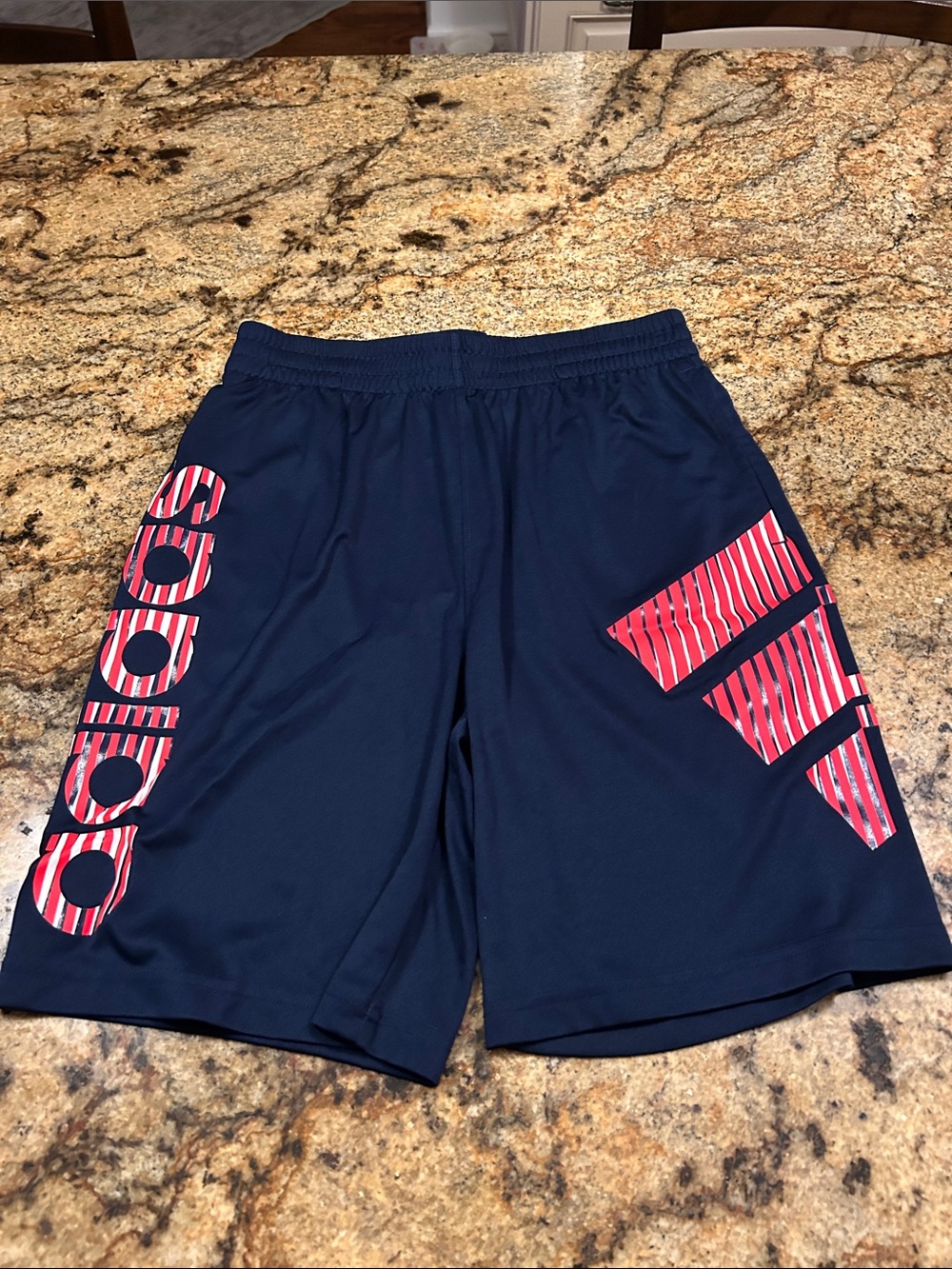 adidas Navy Athletic Shorts with Red Striped Accents